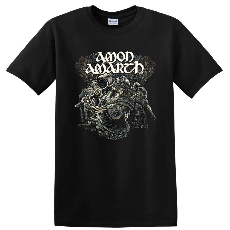 Amon Amarth logo above distressed Viking warriors with axes and armored helmets on a Black T Shirt