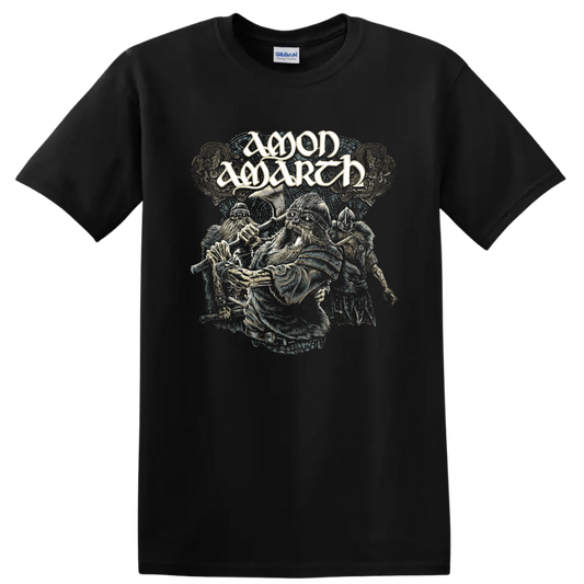 Amon Amarth logo above distressed Viking warriors with axes and armored helmets on a Black T Shirt