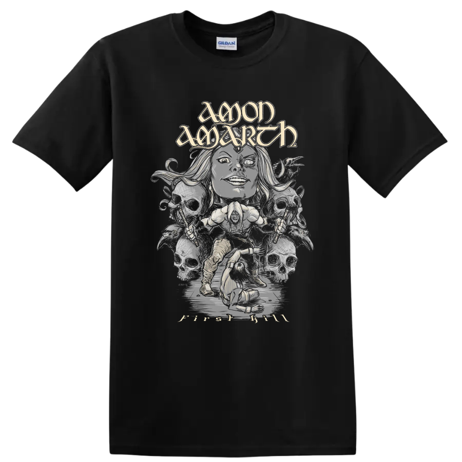 Amon Amarth First Kill Viking warrior and skulls in monochrome metal illustration on a Black T Shirt