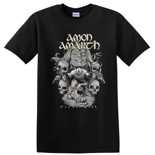 Amon Amarth First Kill Viking warrior and skulls in monochrome metal illustration on a Black T Shirt