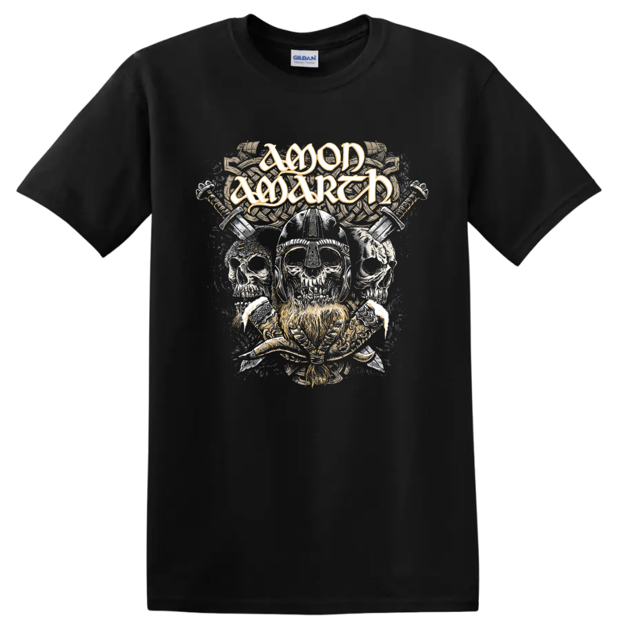 Amon Amarth logo above Viking helmet skulls, crossed weapons, and Norse knotwork on a Black T Shirt