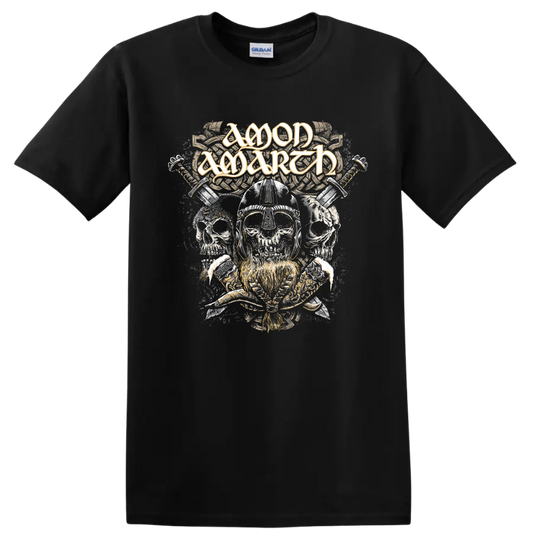 Amon Amarth logo above Viking helmet skulls, crossed weapons, and Norse knotwork on a Black T Shirt