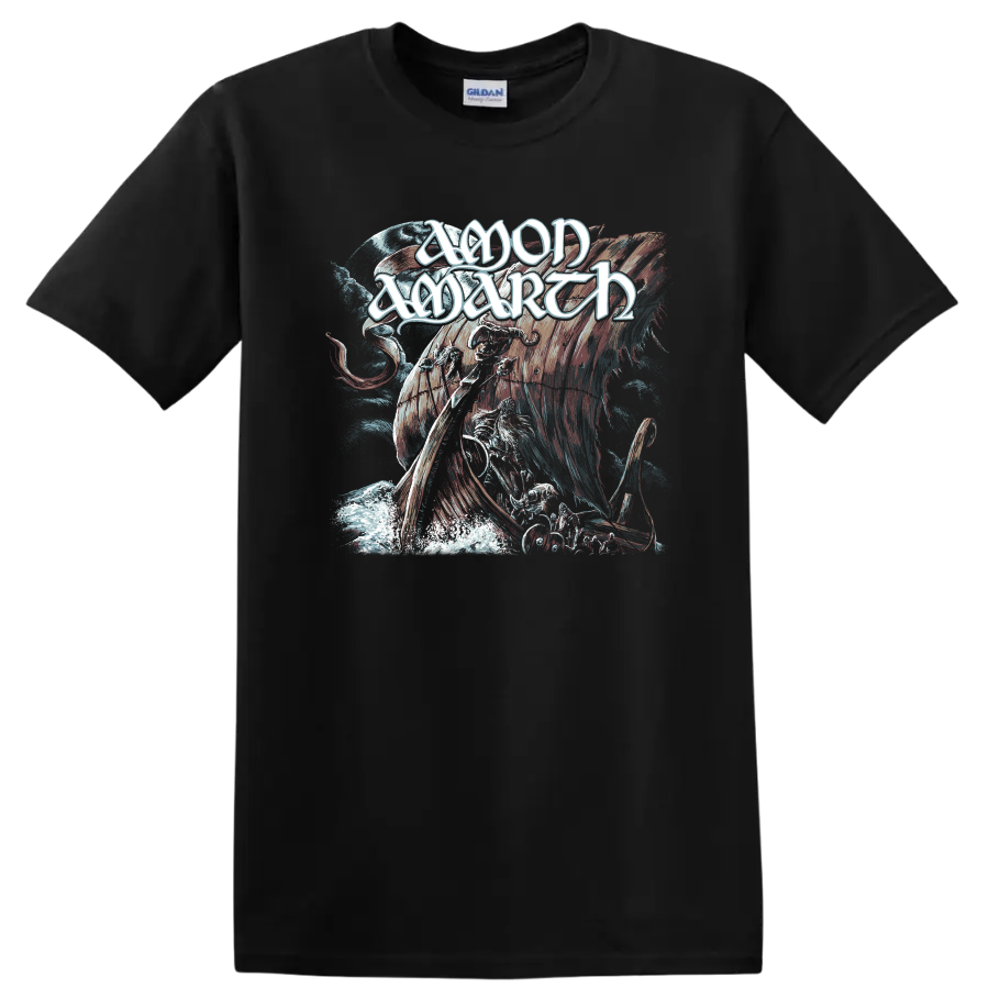 Amon Amarth Viking warrior, longship, raven, and moon in distressed metal art on a Black T Shirt