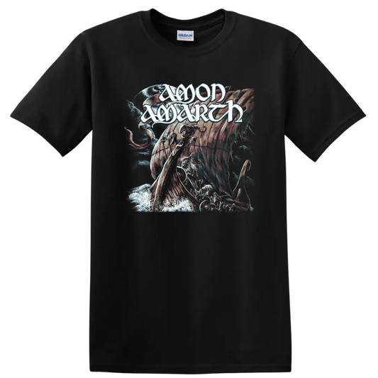 Amon Amarth Viking warrior, longship, raven, and moon in distressed metal art on a Black T Shirt