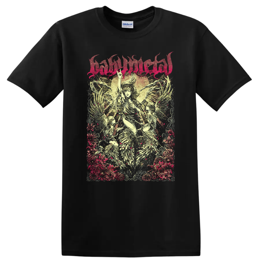BABYMETAL angelic winged figures with floral border in distressed metal poster art on a Black T Shirt