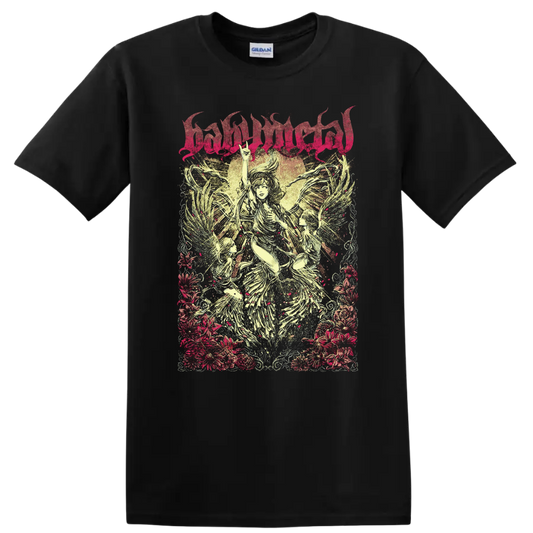 BABYMETAL angelic winged figures with floral border in distressed metal poster art on a Black T Shirt