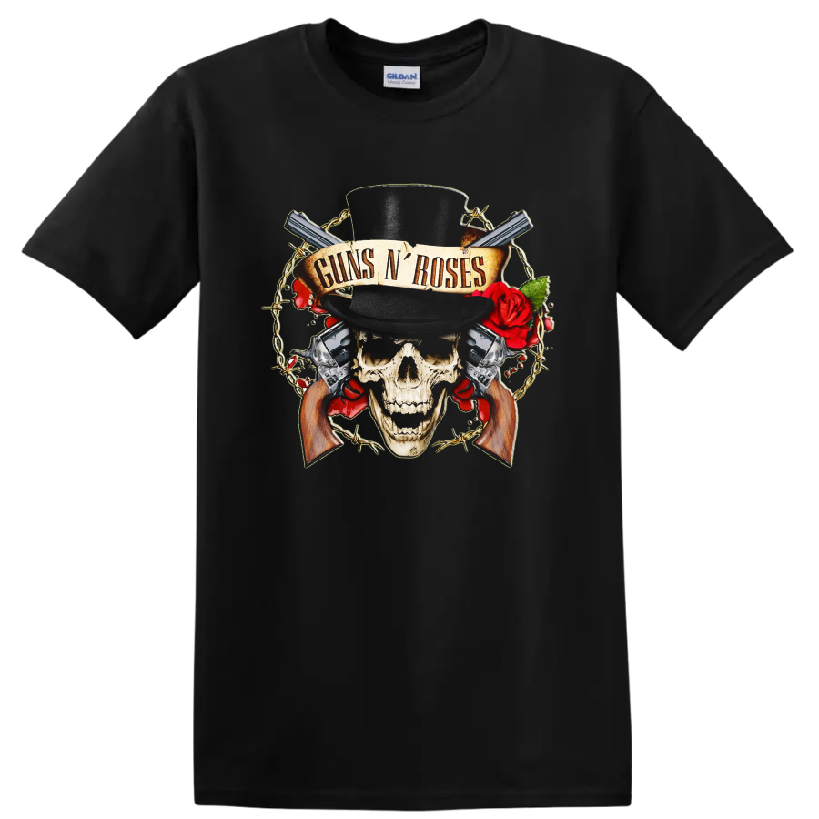 Guns N' Roses skull in top hat with red roses, revolvers, barbed wire, and banner on a Black T Shirt