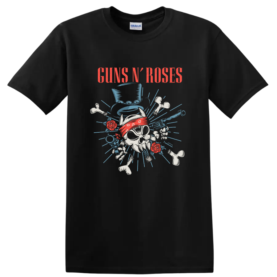 Guns N' Roses distressed skull with red bandana, roses, bones, and blue rays on a Black T Shirt