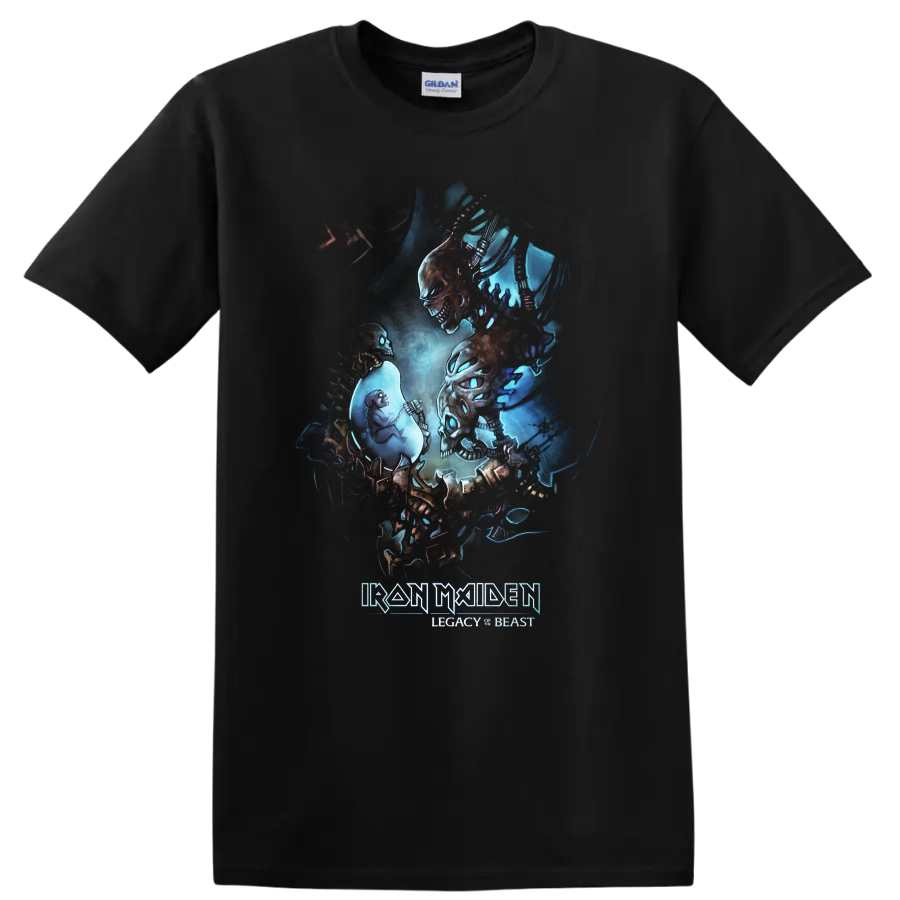 Iron Maiden Legacy of the Beast Eddie skeletal dark fantasy metal artwork on a Black T Shirt