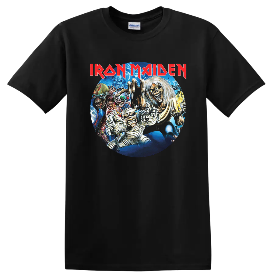 Iron Maiden Eddie horror collage with lightning, monsters, and red logo on a Black T Shirt