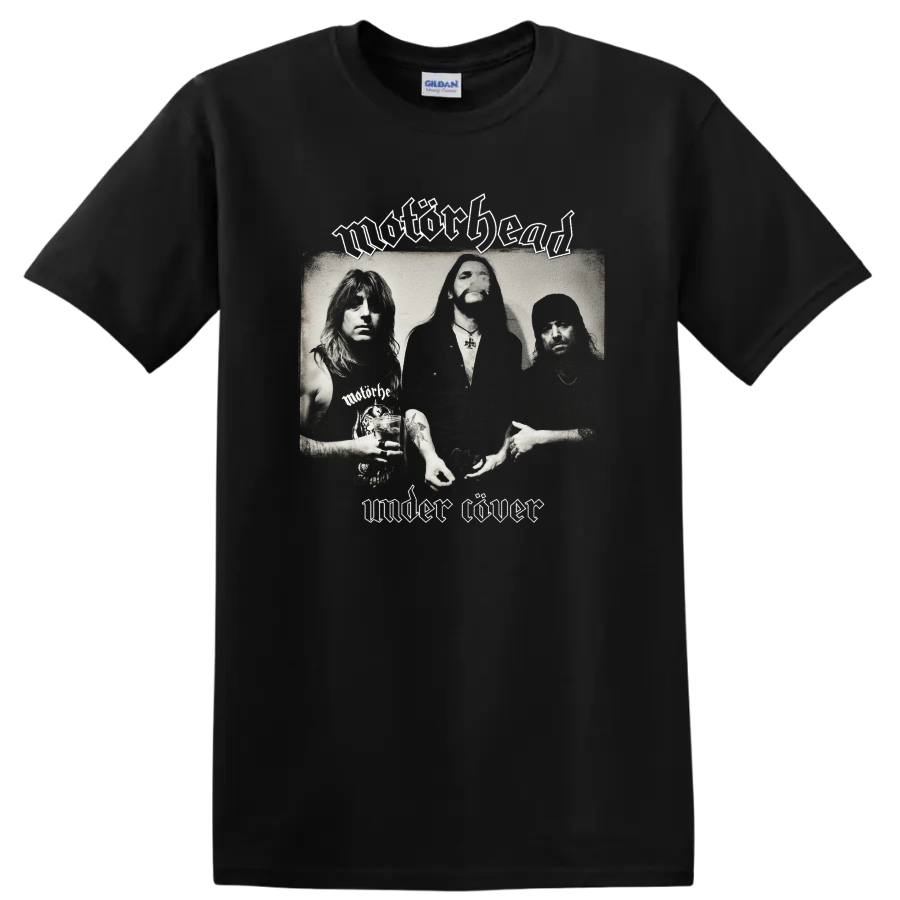 Motörhead Under Cöver black-and-white band portrait with gothic logo lettering on a Black T Shirt
