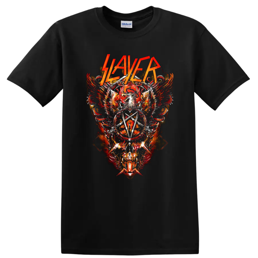 Slayer logo over flaming skull, wings, serpents, swords, and pentagram metal artwork on a Black T Shirt