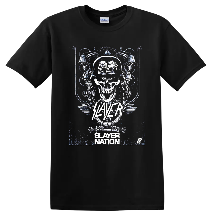 Distressed Slayer skull graphic with helmet, mirrored skulls, wings, and Slayer Nation on a Black T Shirt