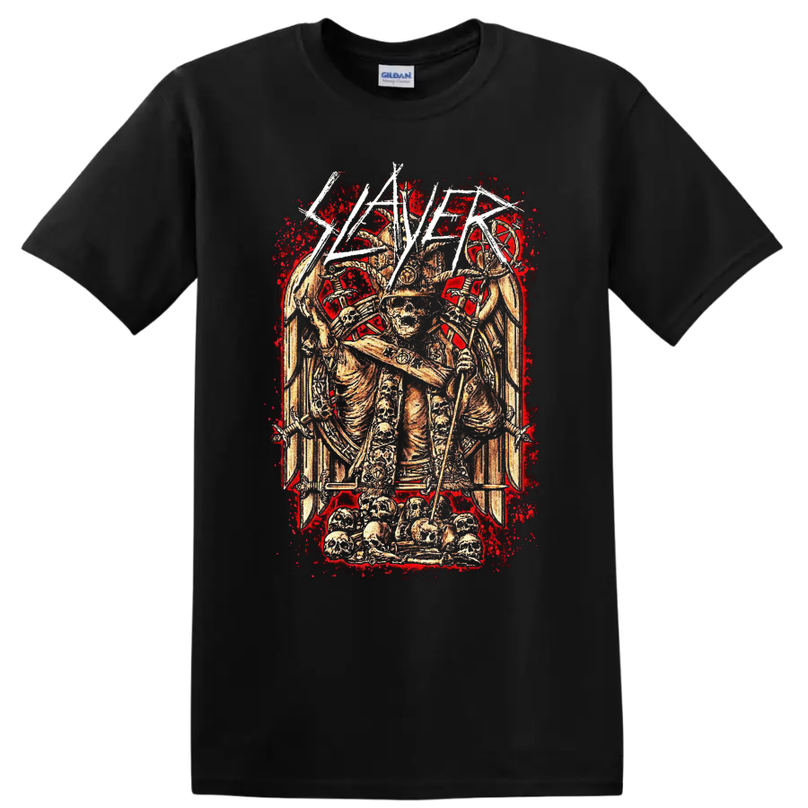 Slayer Haunting the Chapel skeletal warrior with skulls, blades, and distressed red on a Black T Shirt