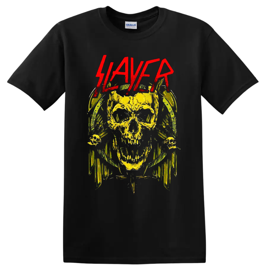 Distressed yellow skull with red Slayer lettering and dark heavy metal horror art on a Black T Shirt