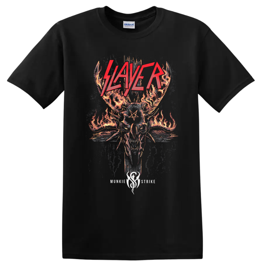 Slayer Skullagramm flaming horned skull with red logo and pentagram on a Black T Shirt