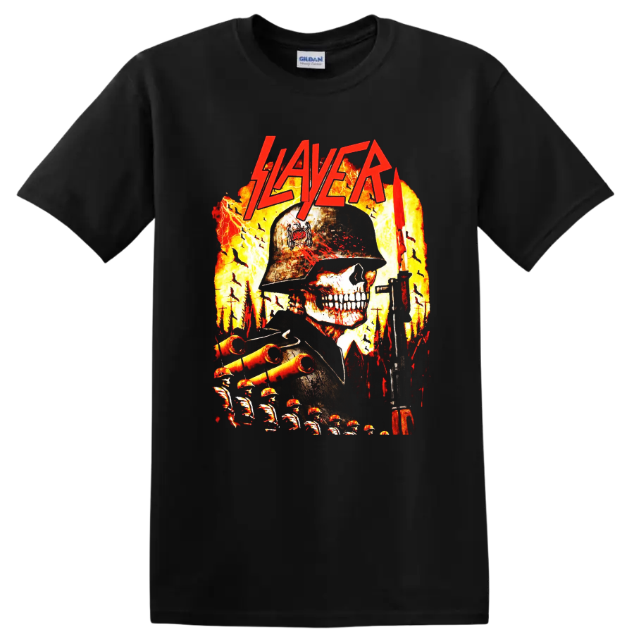 Slayer skull soldier graphic with flames, rifle, battlefield, and red logo on a Black T Shirt
