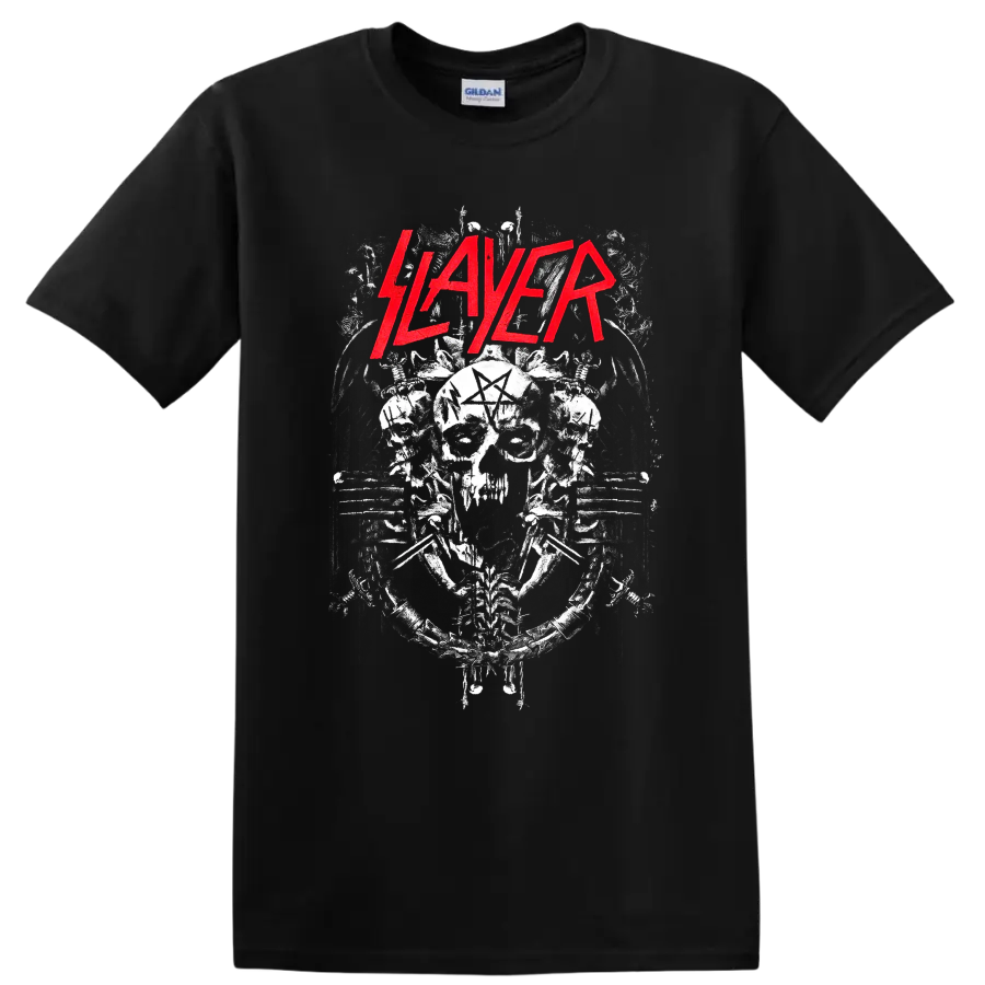 Slayer red logo above distressed skull, pentagram, chains, and spikes metal artwork on a Black T Shirt