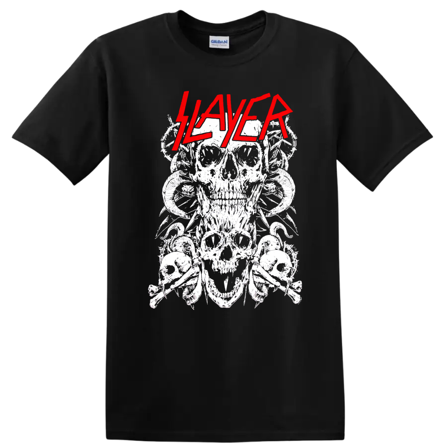 Slayer red logo over distressed white skull collage in heavy metal line-art style on a Black T Shirt