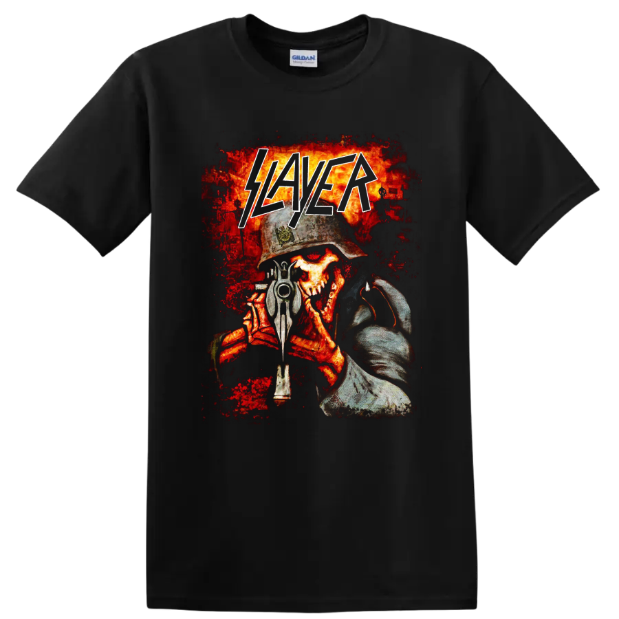 Slayer logo over helmeted skull soldier with gun and fiery battlefield artwork on a Black T Shirt