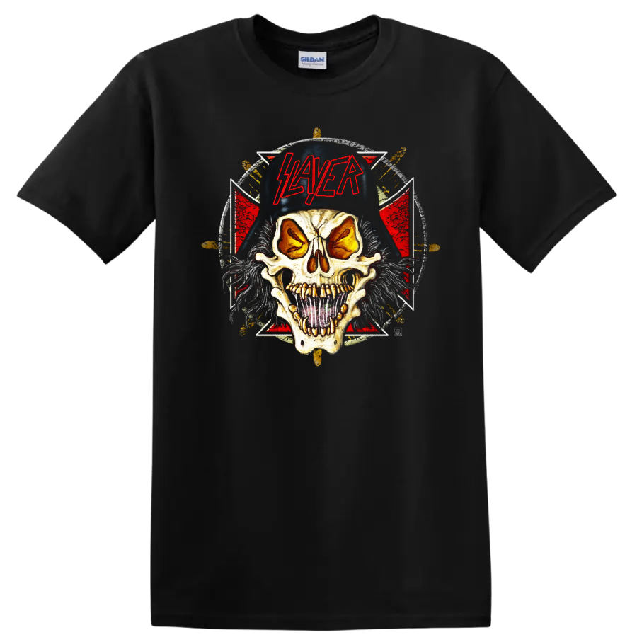 Slayer Slaytanic Wehrmacht skull with red logo and distressed metal backdrop on a Black T Shirt