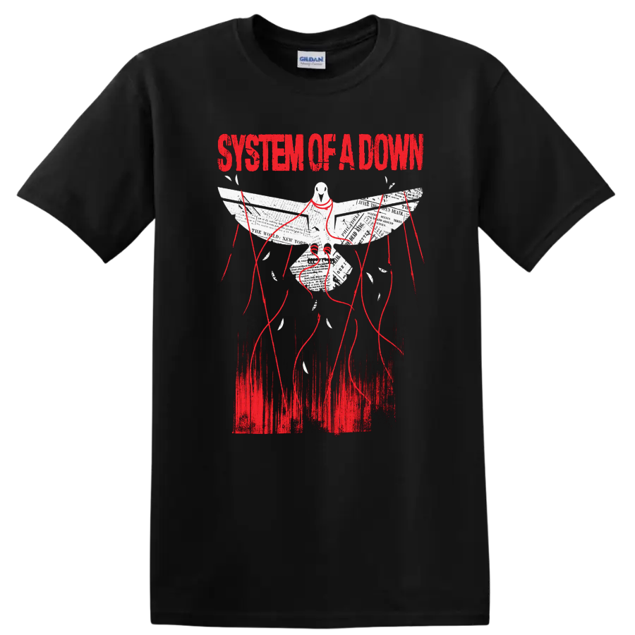 System of a Down distressed dove with newspaper wings, red threads, and bold red lettering on a Black T Shirt