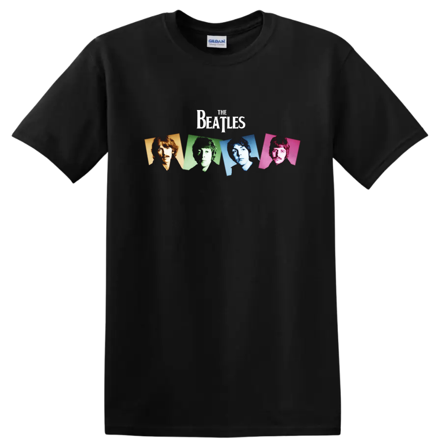 The Beatles four-panel pop art portraits in orange, green, blue, and pink on a Black T Shirt