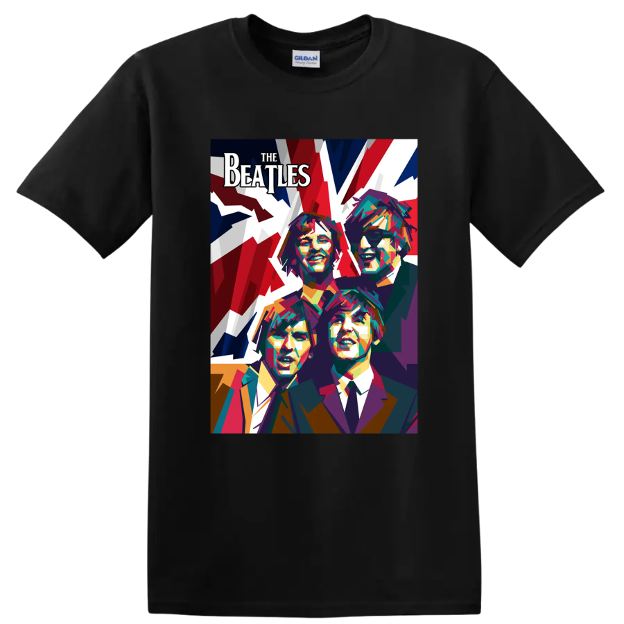 The Beatles colorful geometric pop-art portraits with bold red, white, and blue backdrop on a Black T Shirt
