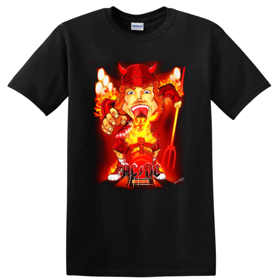 Angus Young AC/DC devil rocker cartoon with flames, guitar, and lightning lettering on a Black T Shirt