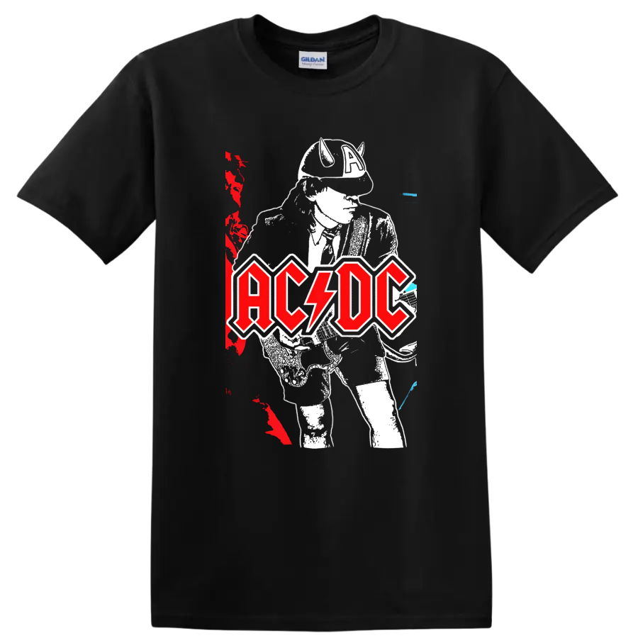 Angus Young guitar illustration with distressed AC/DC logo and concert poster accents on a Black T Shirt