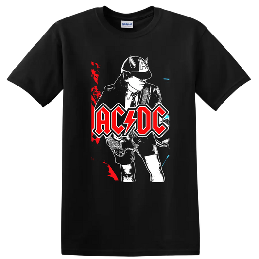 Angus Young guitar illustration with distressed AC/DC logo and concert poster accents on a Black T Shirt