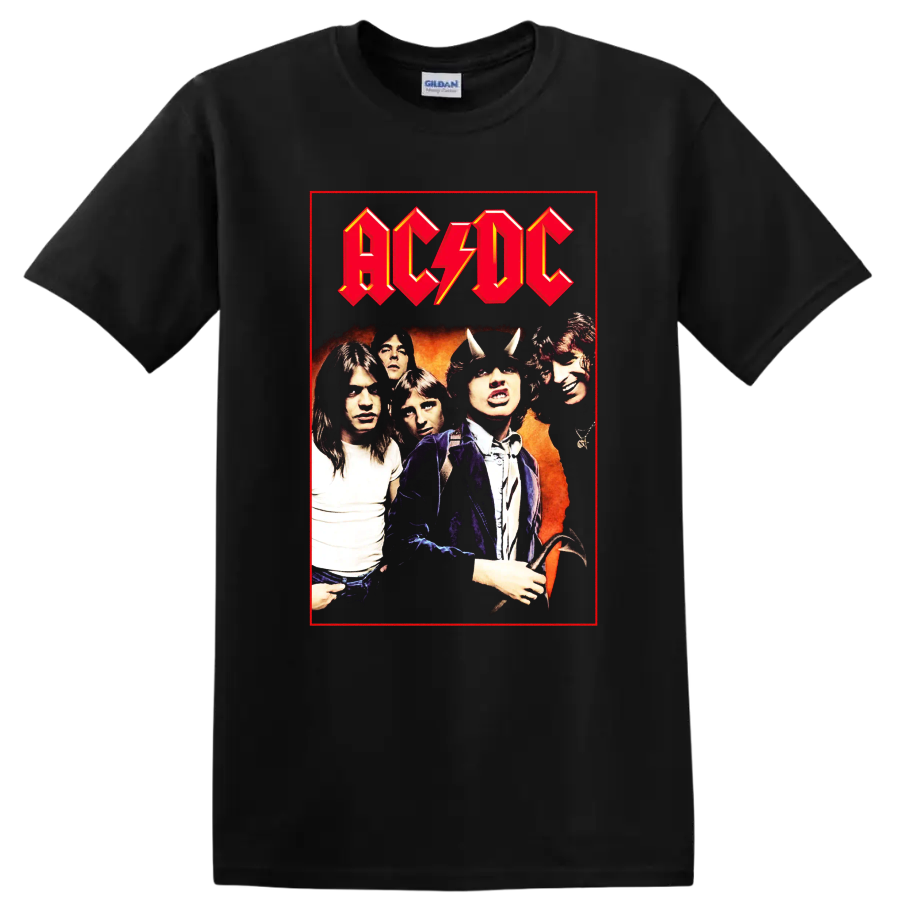 AC/DC band portrait with Angus Young devil horns and red lightning logo on a Black T Shirt
