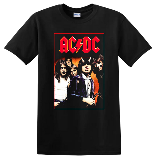 AC/DC band portrait with Angus Young devil horns and red lightning logo on a Black T Shirt