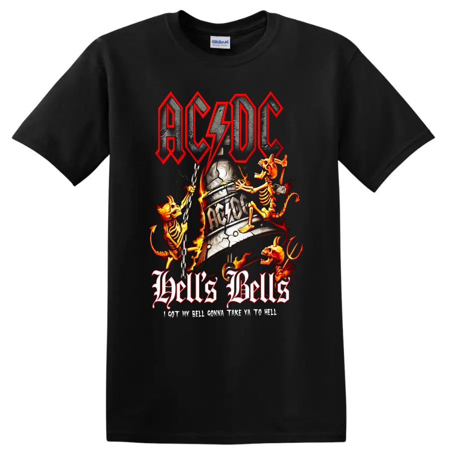 AC/DC Hell's Bells cracked bell with flaming skeletons, chains, lightning, and flames on a Black T Shirt