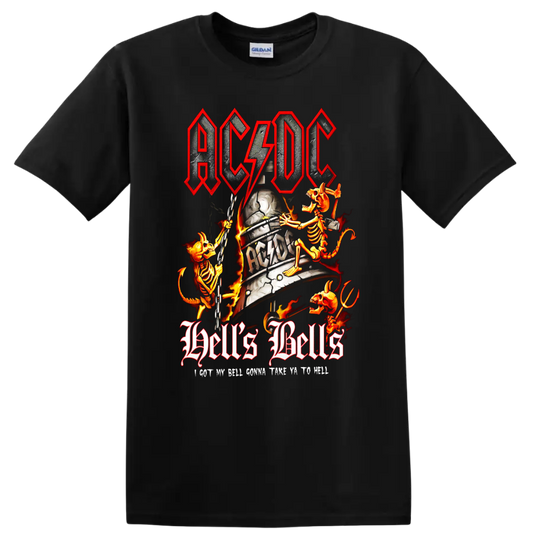 AC/DC Hell's Bells cracked bell with flaming skeletons, chains, lightning, and flames on a Black T Shirt