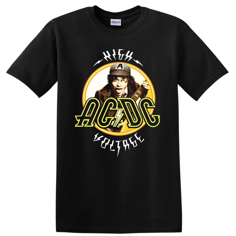 Angus Young AC/DC High Voltage vintage guitar portrait with lightning logo on a Black T Shirt