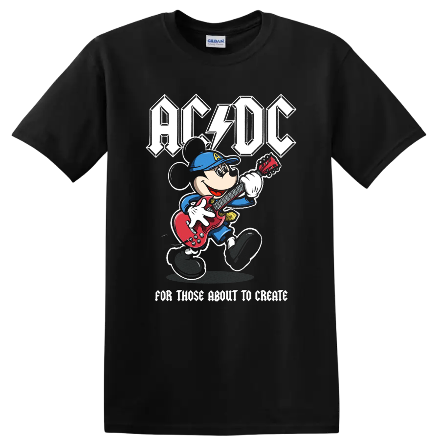 Mickey Mouse playing red electric guitar beneath AC/DC lettering in distressed rock art on a Black T Shirt