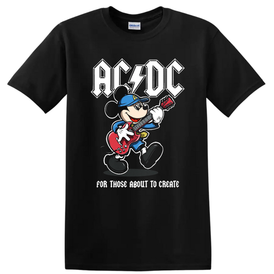 Mickey Mouse playing red electric guitar beneath AC/DC lettering in distressed rock art on a Black T Shirt