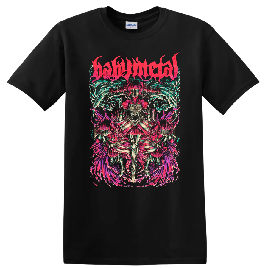 BABYMETAL neon fantasy warrior graphic with mirrored armored figures and flame motifs on a Black T Shirt