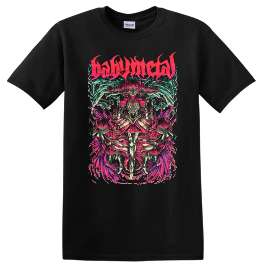 BABYMETAL neon fantasy warrior graphic with mirrored armored figures and flame motifs on a Black T Shirt