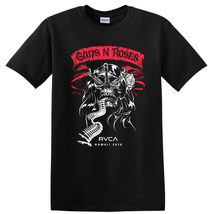 Guns N Roses skull with crossed guns, rose, ammo belt, and distressed red banner on a Black T Shirt