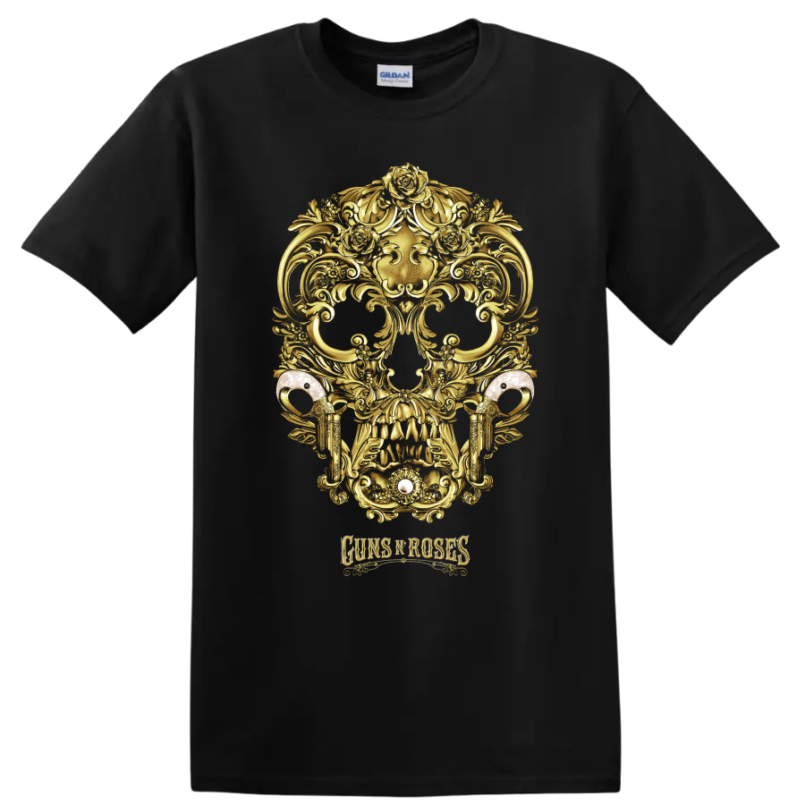 Guns N Roses gold skull with roses and ornate gothic baroque scrollwork on a Black T Shirt