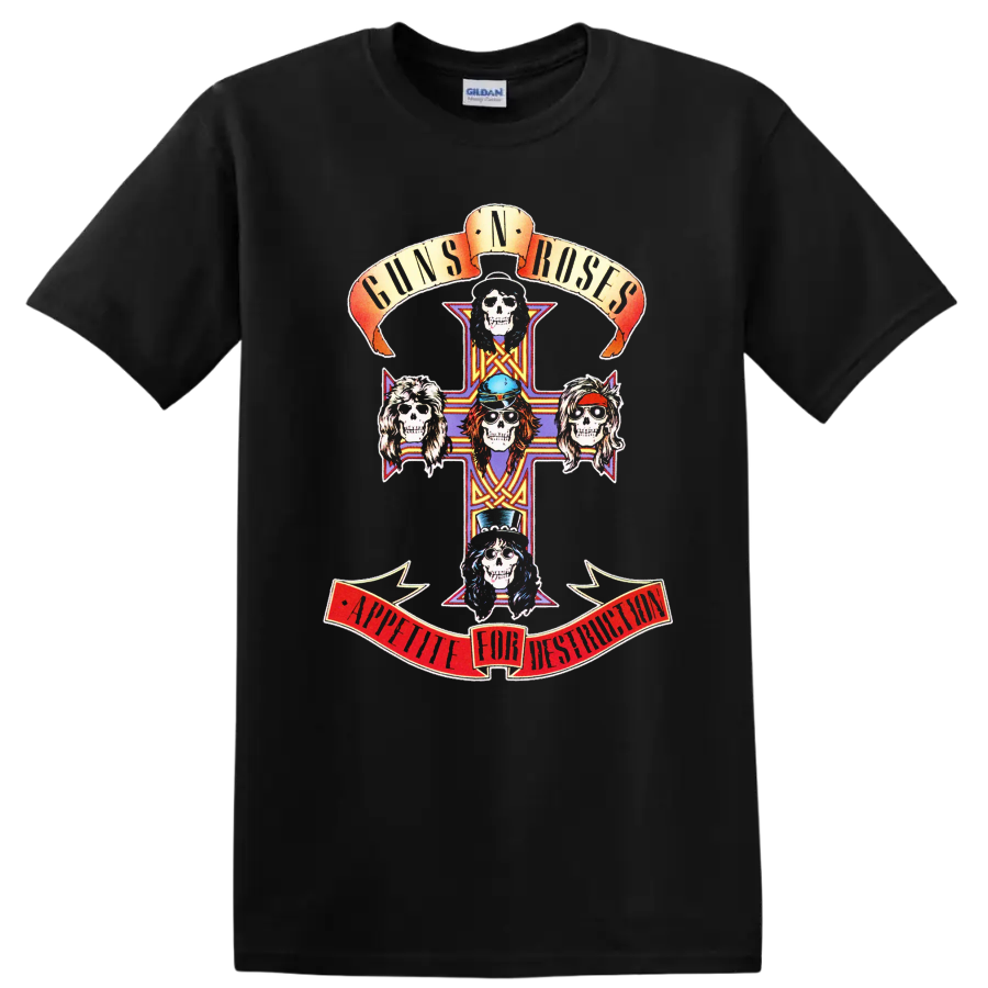 Guns N' Roses Appetite for Destruction skull cross with five colorful skull portraits on a Black T Shirt