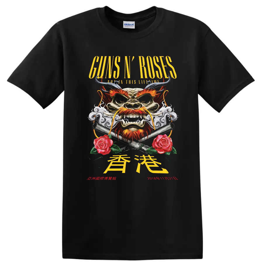 Guns N' Roses Hong Kong 2018 horned dragon, crossed pistols, smoke and roses graphic on a Black T Shirt