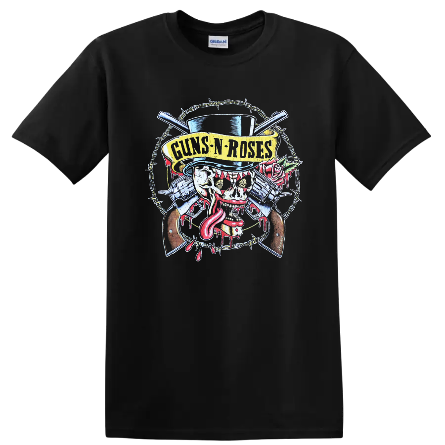 Guns N Roses distressed skull, crossed guns, barbed wire, rose, and top hat rock artwork on a Black T Shirt