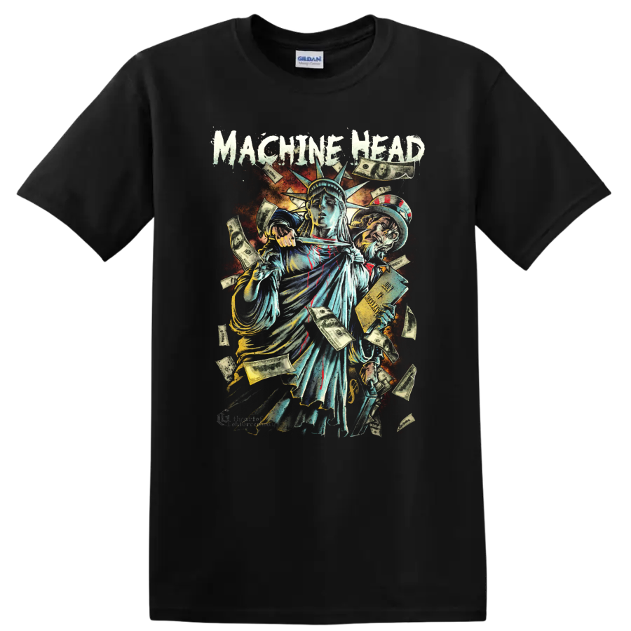 Machine Head distressed Statue of Liberty money and heavy metal tour artwork on a Black T Shirt
