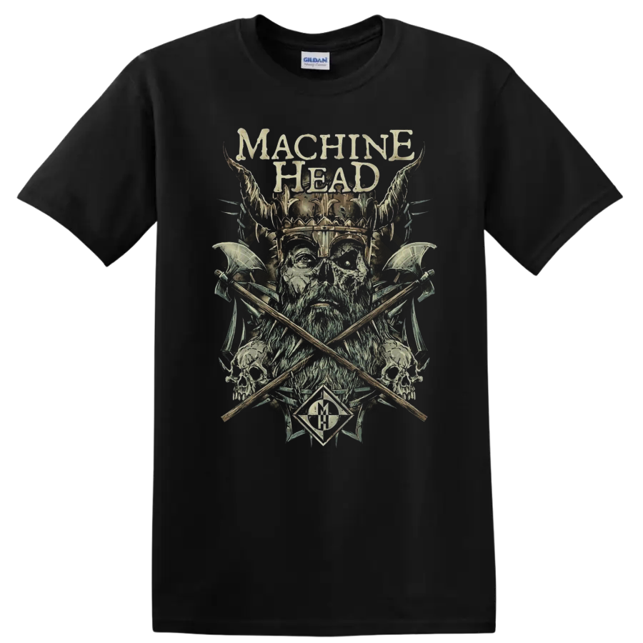 Machine Head skull warrior with horned helmet, crossed axes, skulls, and distressed on a Black T Shirt