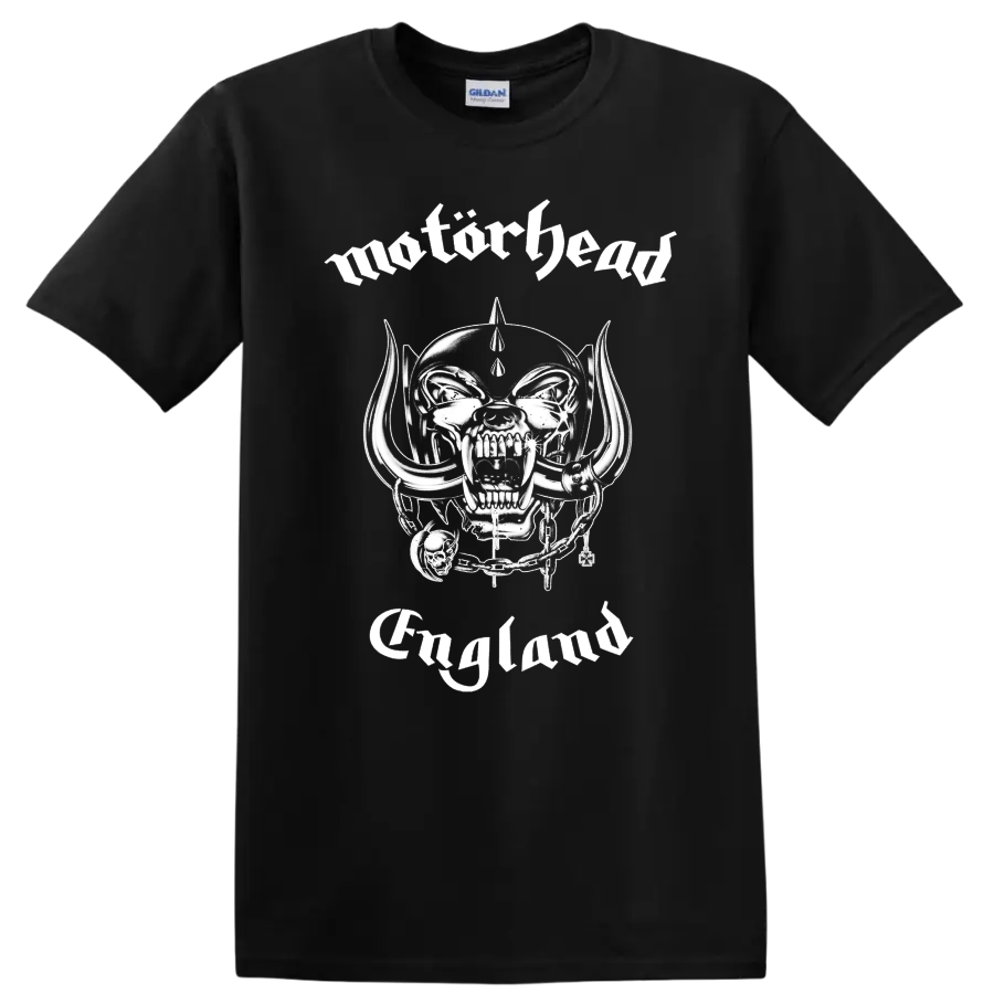 Motörhead Snaggletooth Warpig skull with tusks, chain, helmet, and England lettering on a Black T Shirt