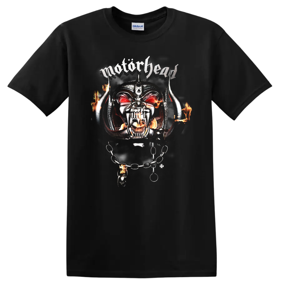 Motörhead Snaggletooth Warpig skull with flames, horns, chains, and red eyes on a Black T Shirt