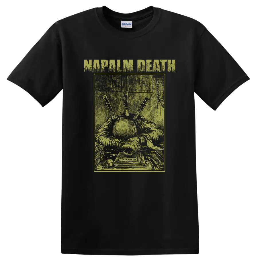Napalm Death distressed grindcore artwork with grim figure, book, and knife-like tools on a Black T Shirt